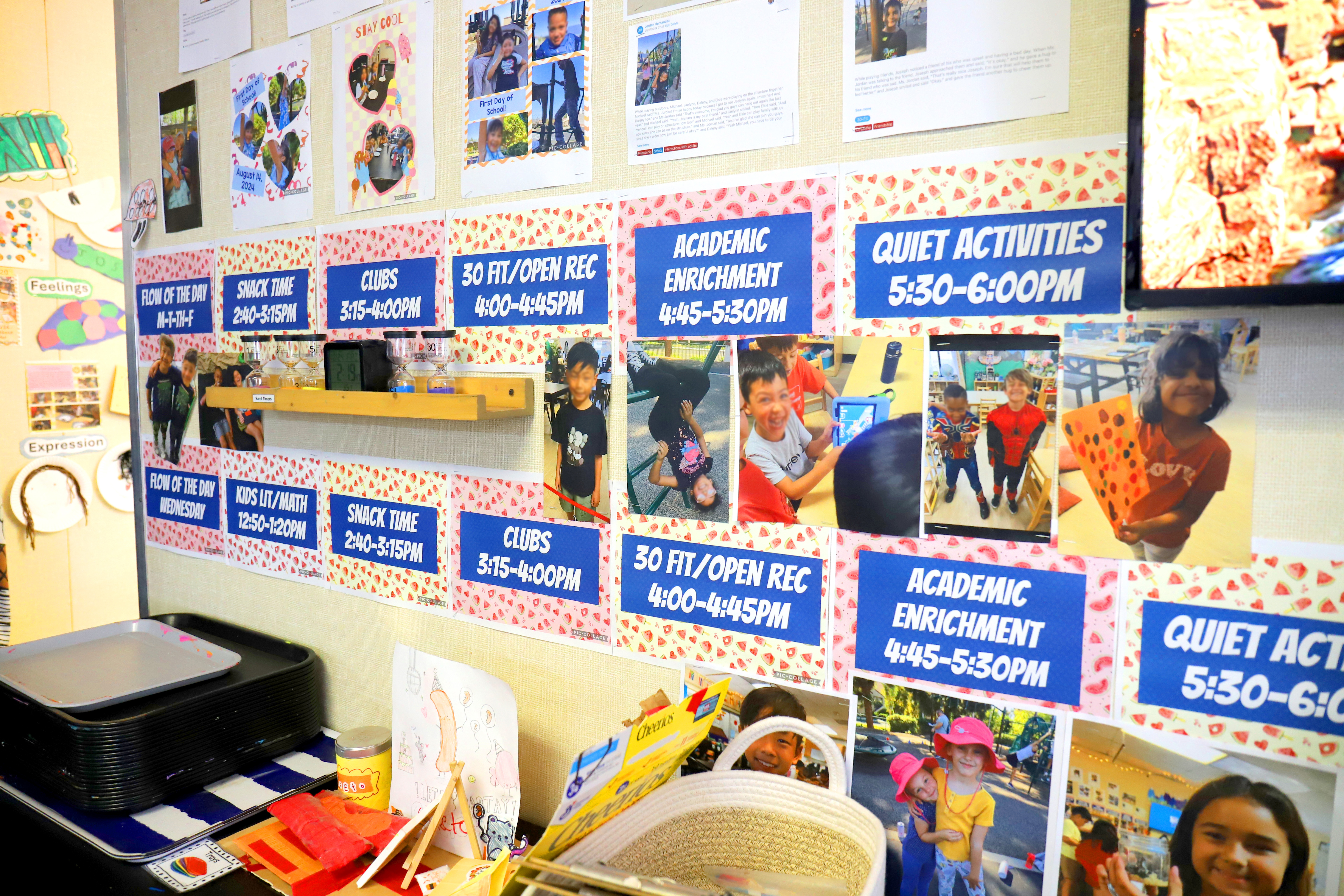 Wall display with photos of children and blue signs with activity schedules