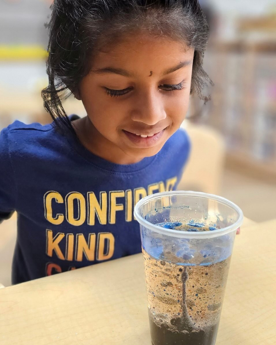 Child looking at a cup with layers of liquid and sediment