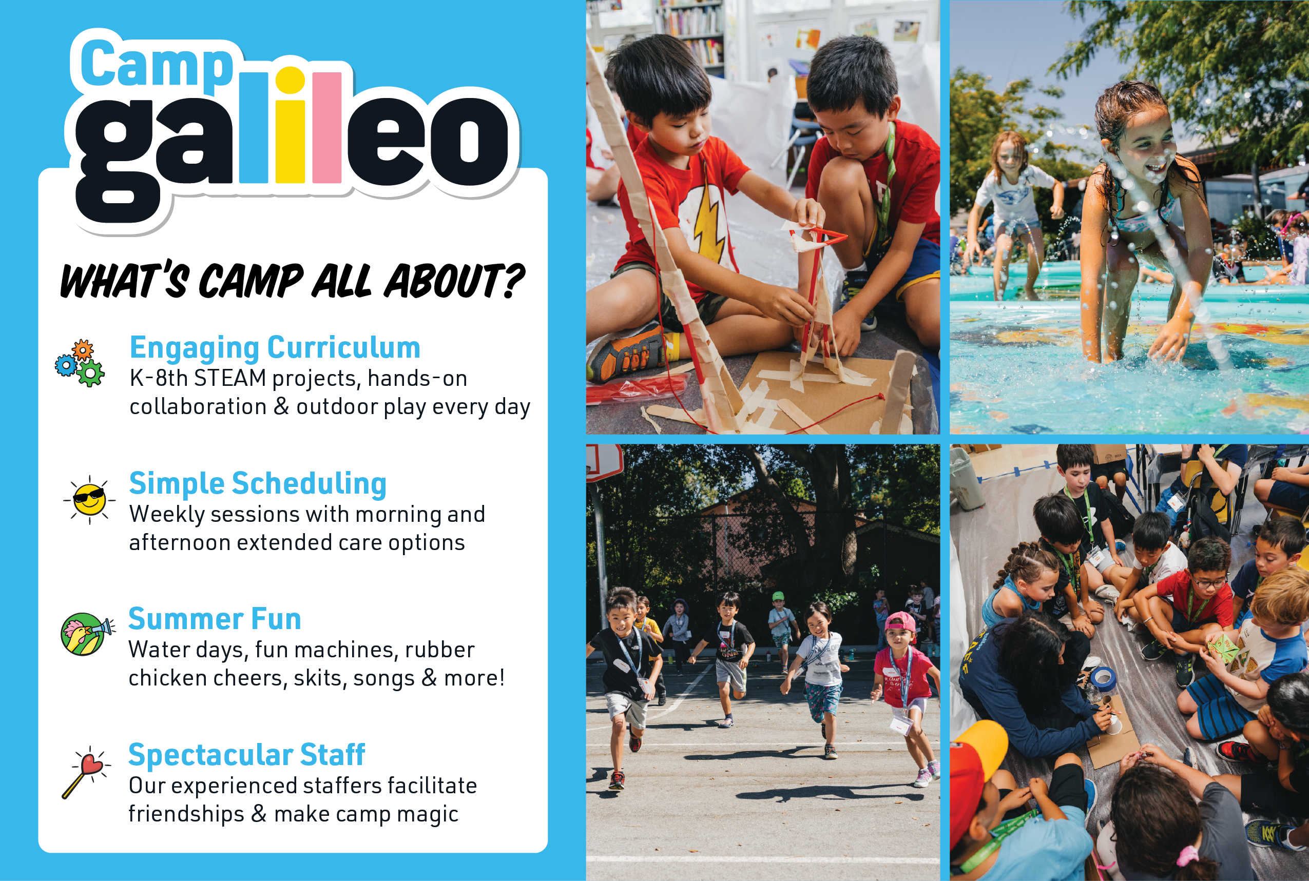 Camp Galileo logo and text with four photos of children playing