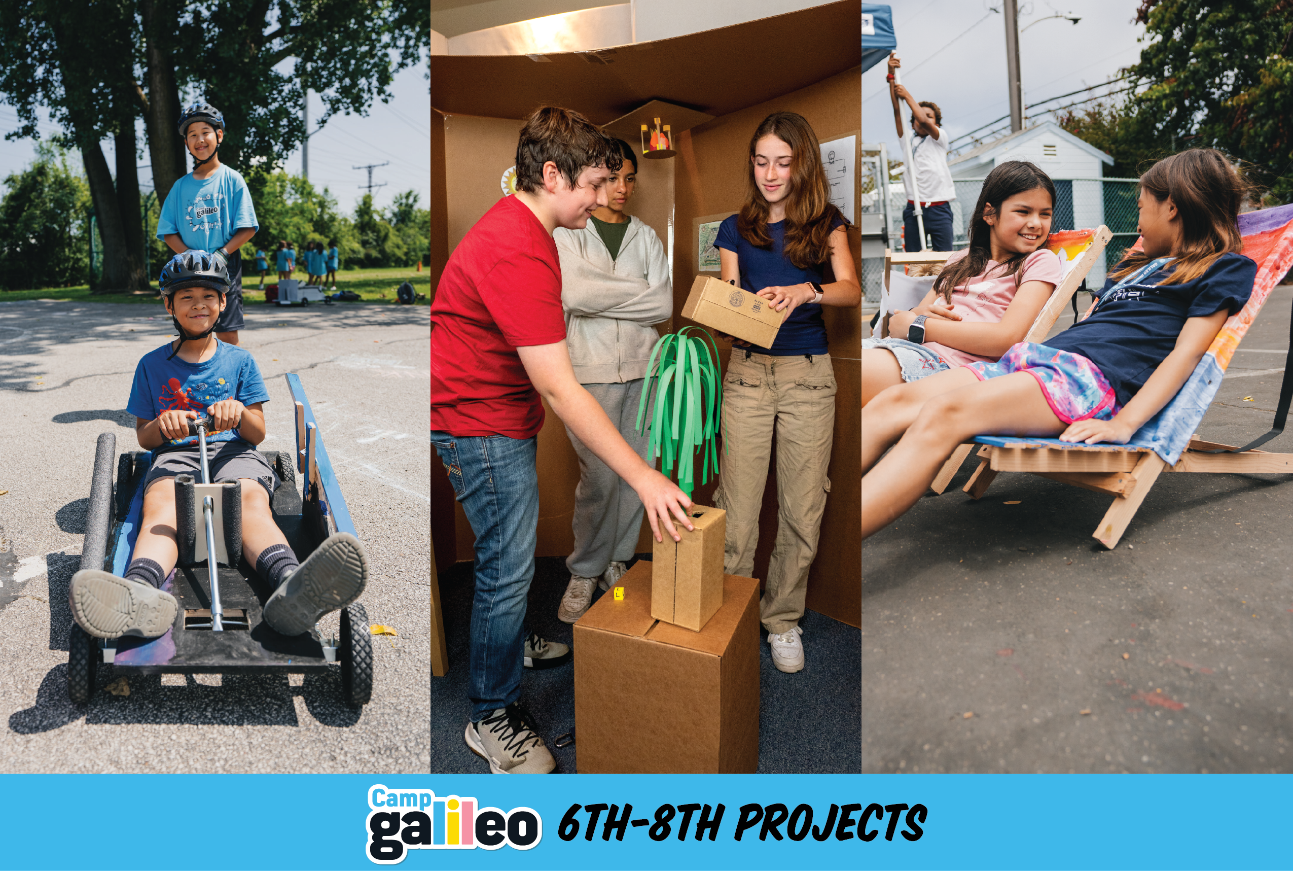Child in a go-kart, teens working with cardboard, and two children relaxing in chairs