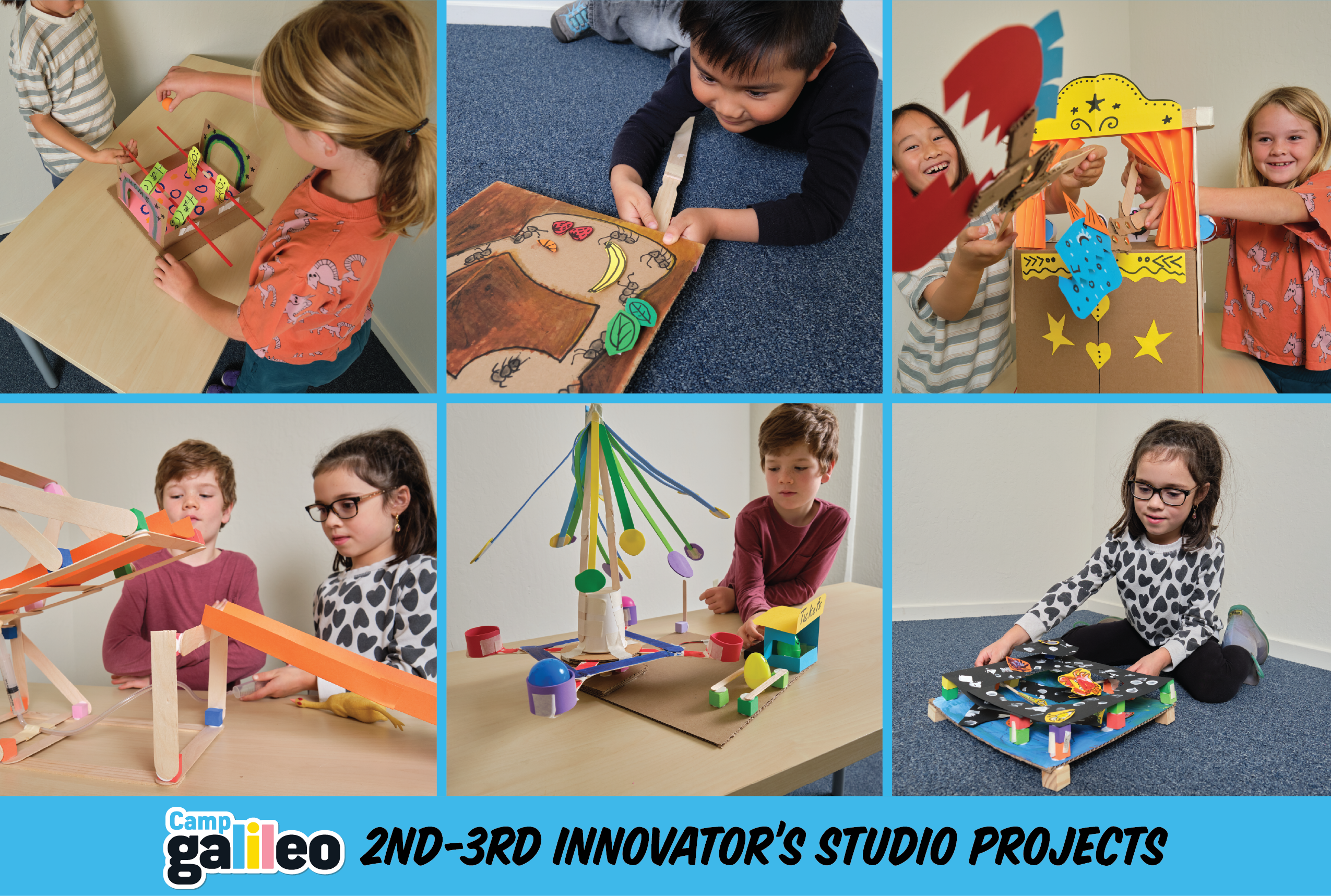 Collage of children engaged in various creative projects