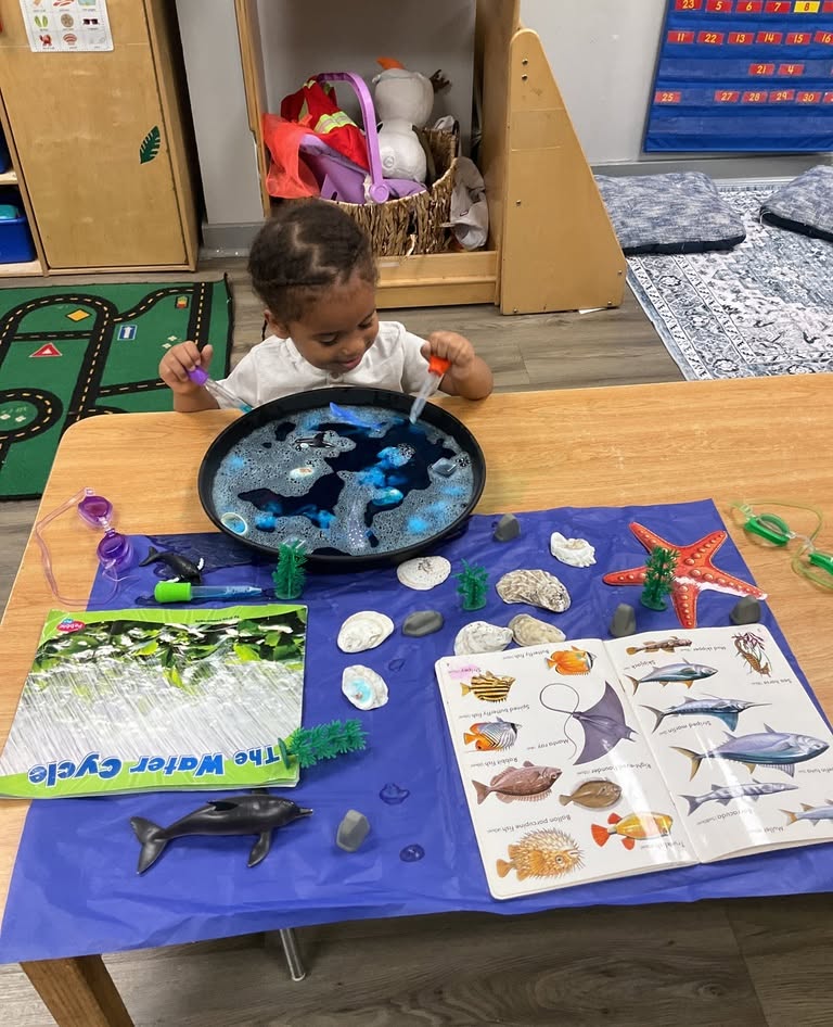 Child using droppers in a sensory water bin at a table with ocean-themed items