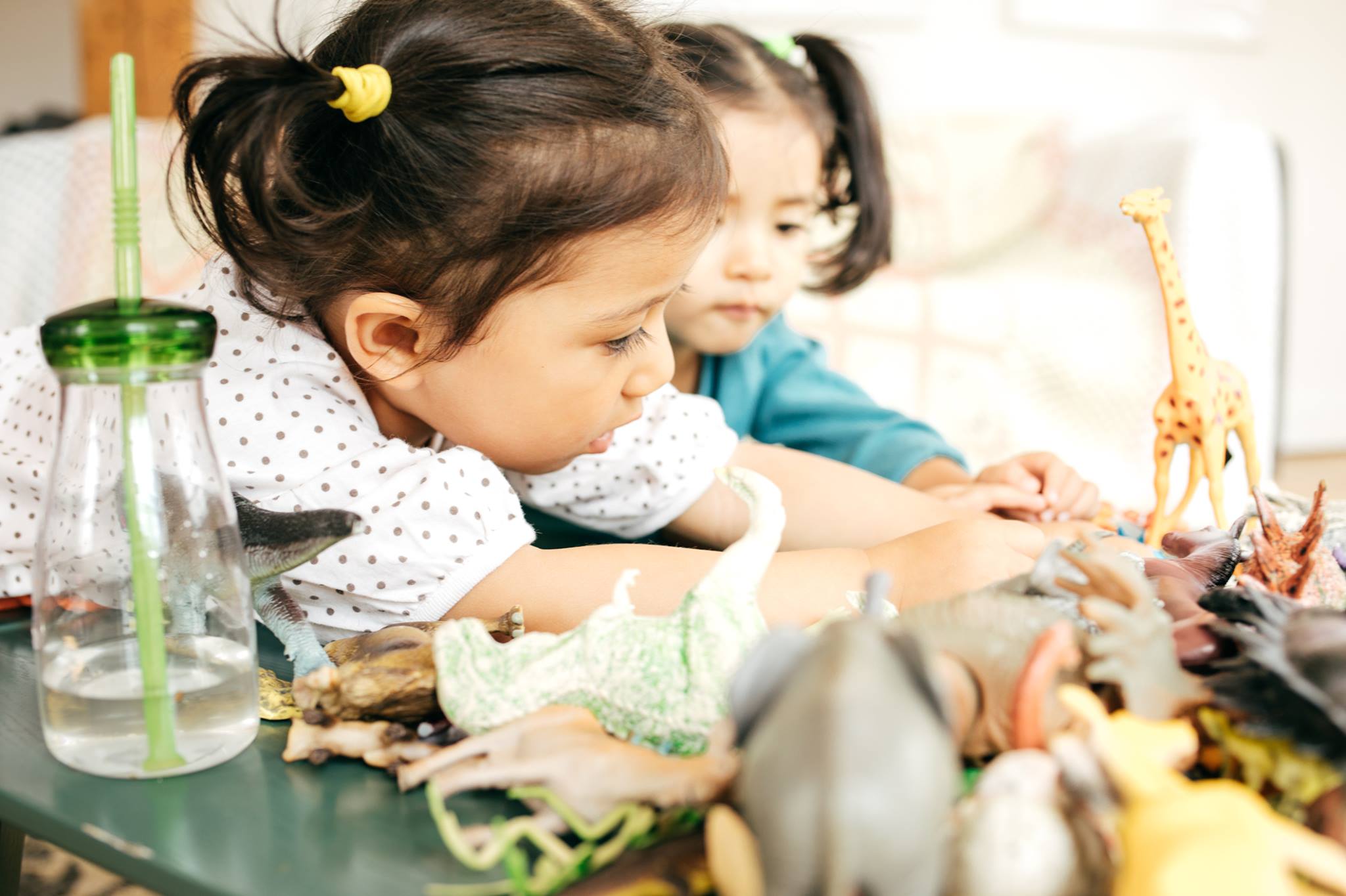 Two children playing with animal toys