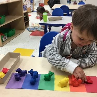Child playing with colorful clay animals on a table in a classroom