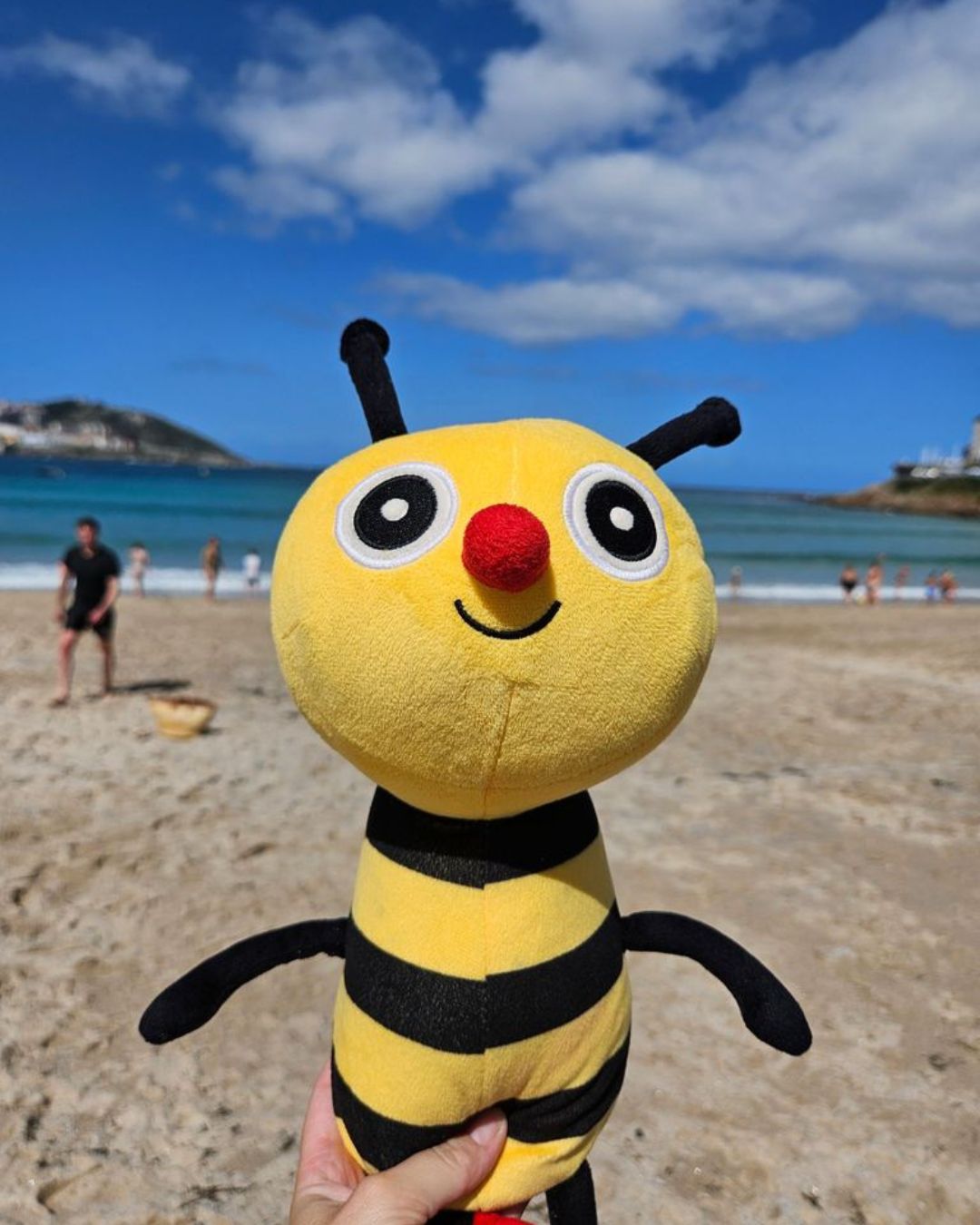 Hand holding a yellow and black striped bee plush toy at a beach