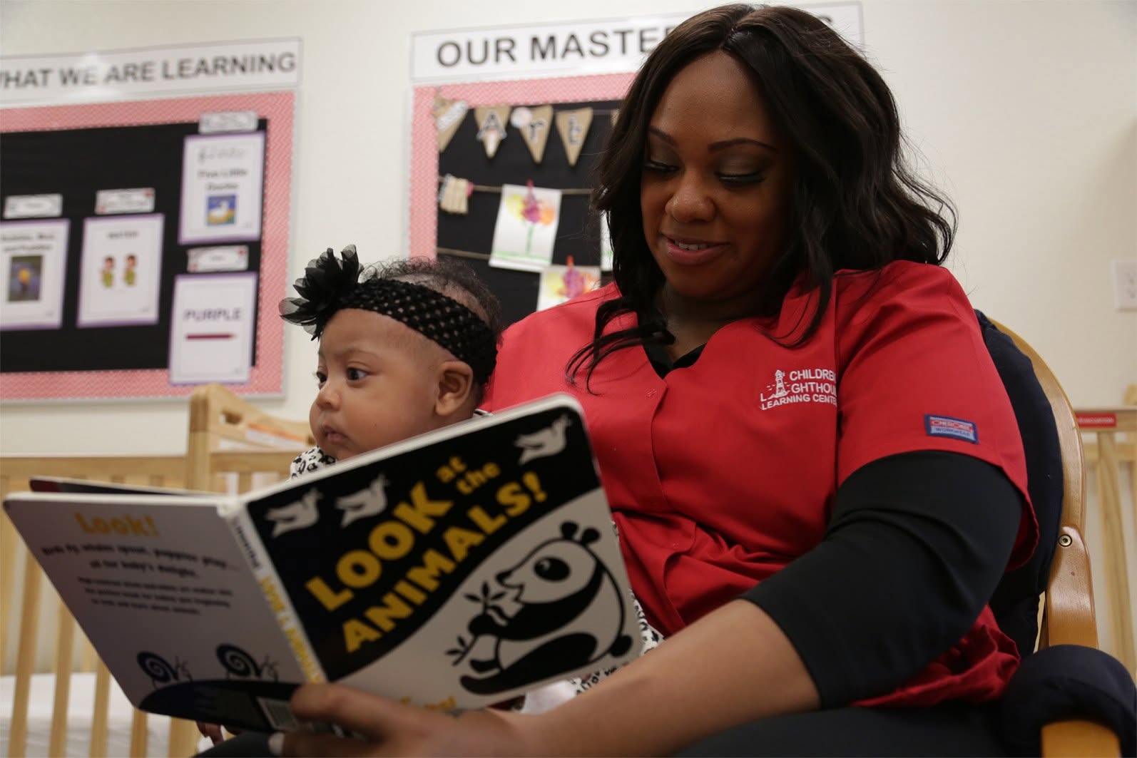 Adult reading a book titled Look at the Animals to a baby