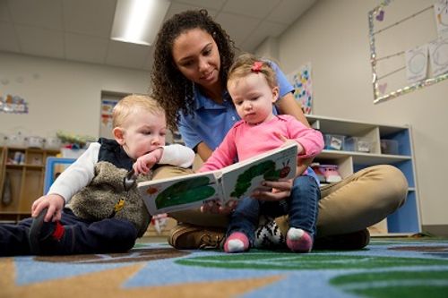 Person reading a book to two children in a classroom