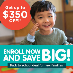Child smiling with text "Get up to $350 OFF!" and "ENROLL NOW AND SAVE BIG!"
