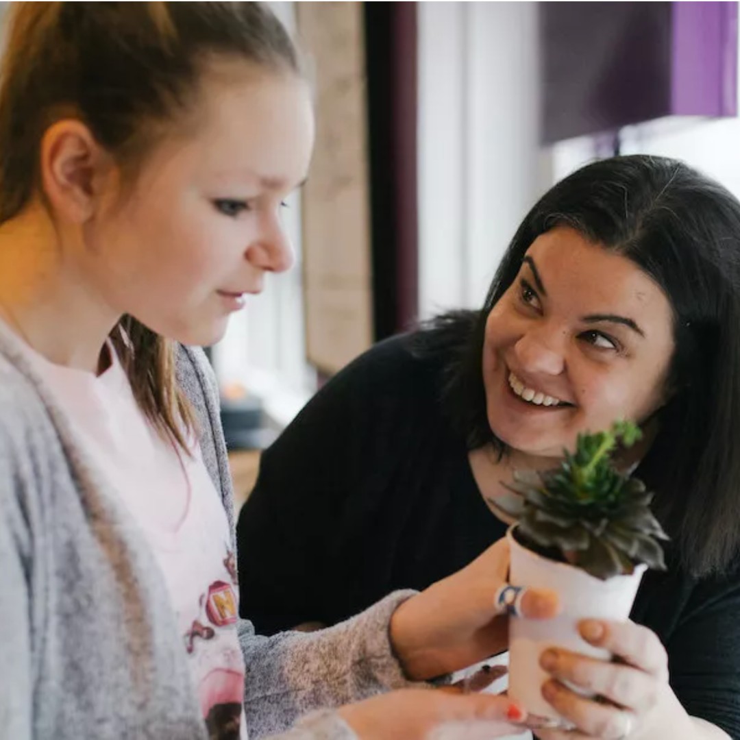 Two people holding a small potted plant