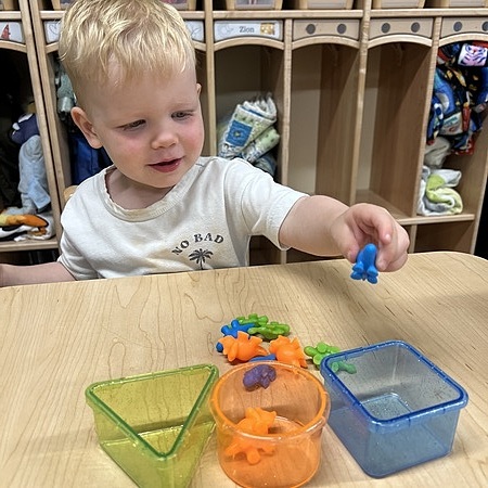 Child playing with colorful octopus-shaped toys and containers at a table
