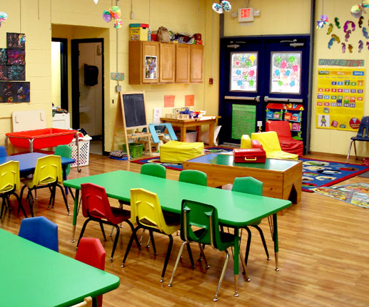 Classroom with small tables and chairs